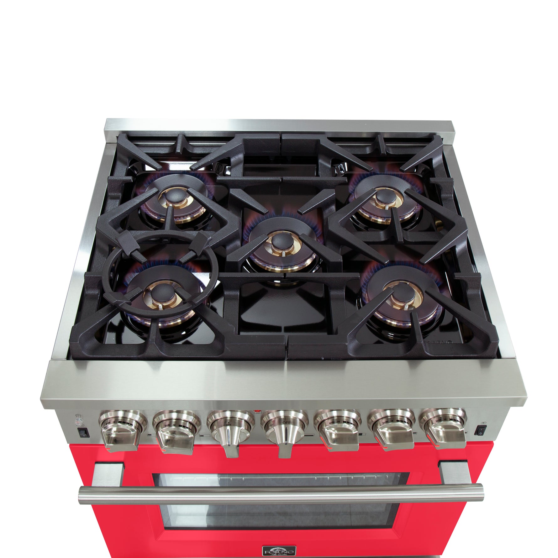 Forno Capriasca 30-Inch Freestanding Dual Fuel Range, 4 Burners, True Convection Oven, Red Door - BonPrix Électroménagers