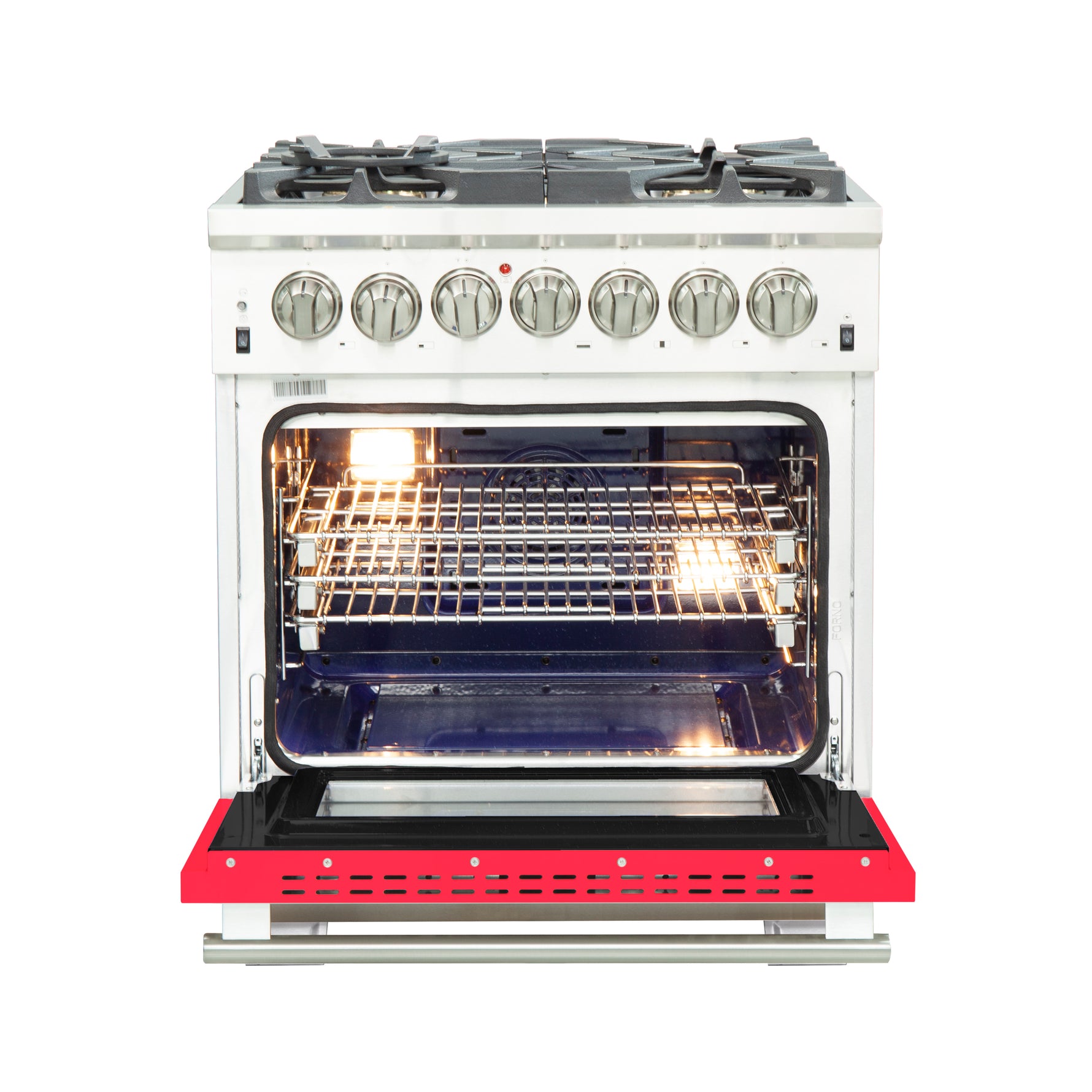 Forno Capriasca 30-Inch Freestanding Dual Fuel Range, 4 Burners, True Convection Oven, Red Door - BonPrix Électroménagers