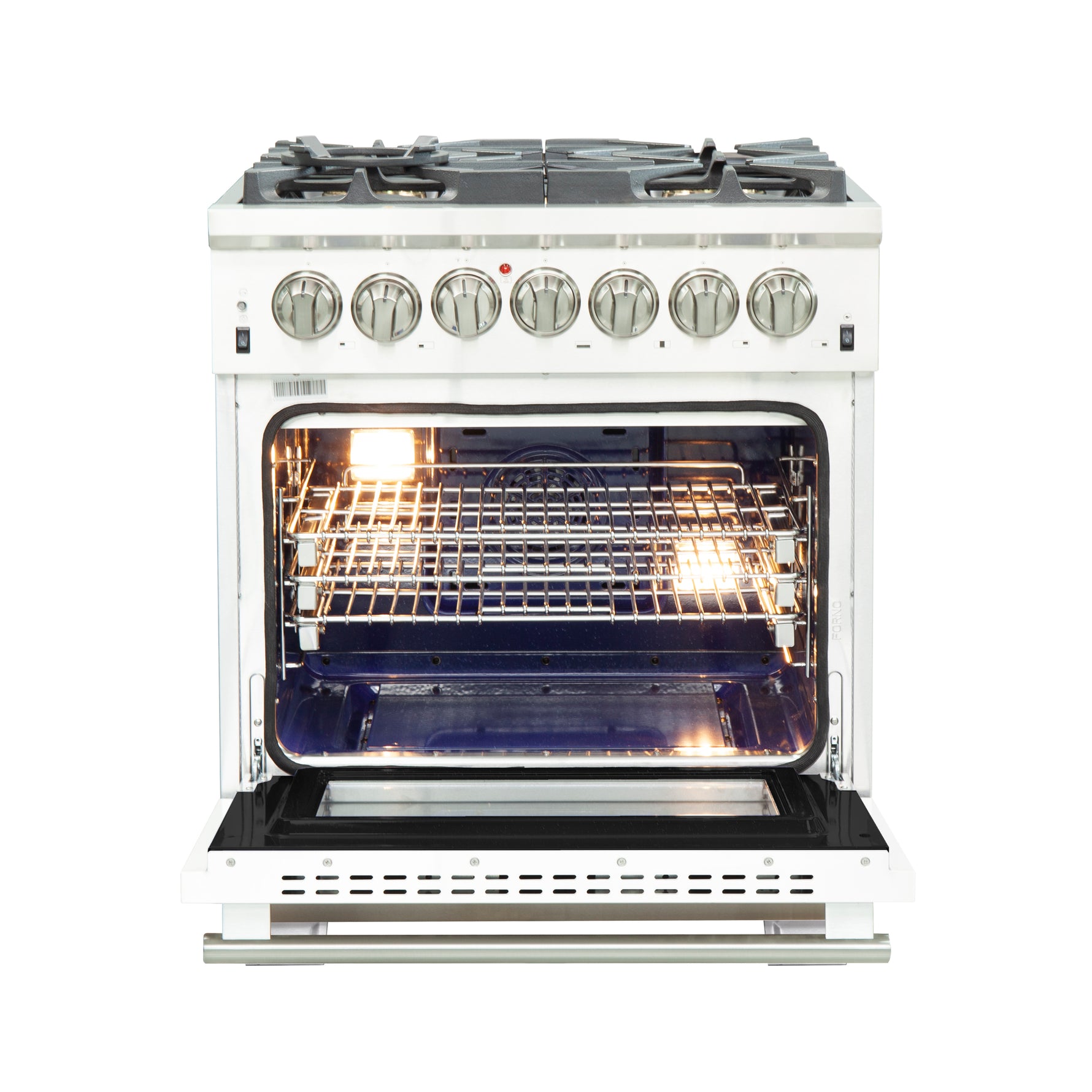 Forno Capriasca 30-Inch Freestanding Dual Fuel Range, 4 Burners, True Convection Oven, White Door - BonPrix Électroménagers