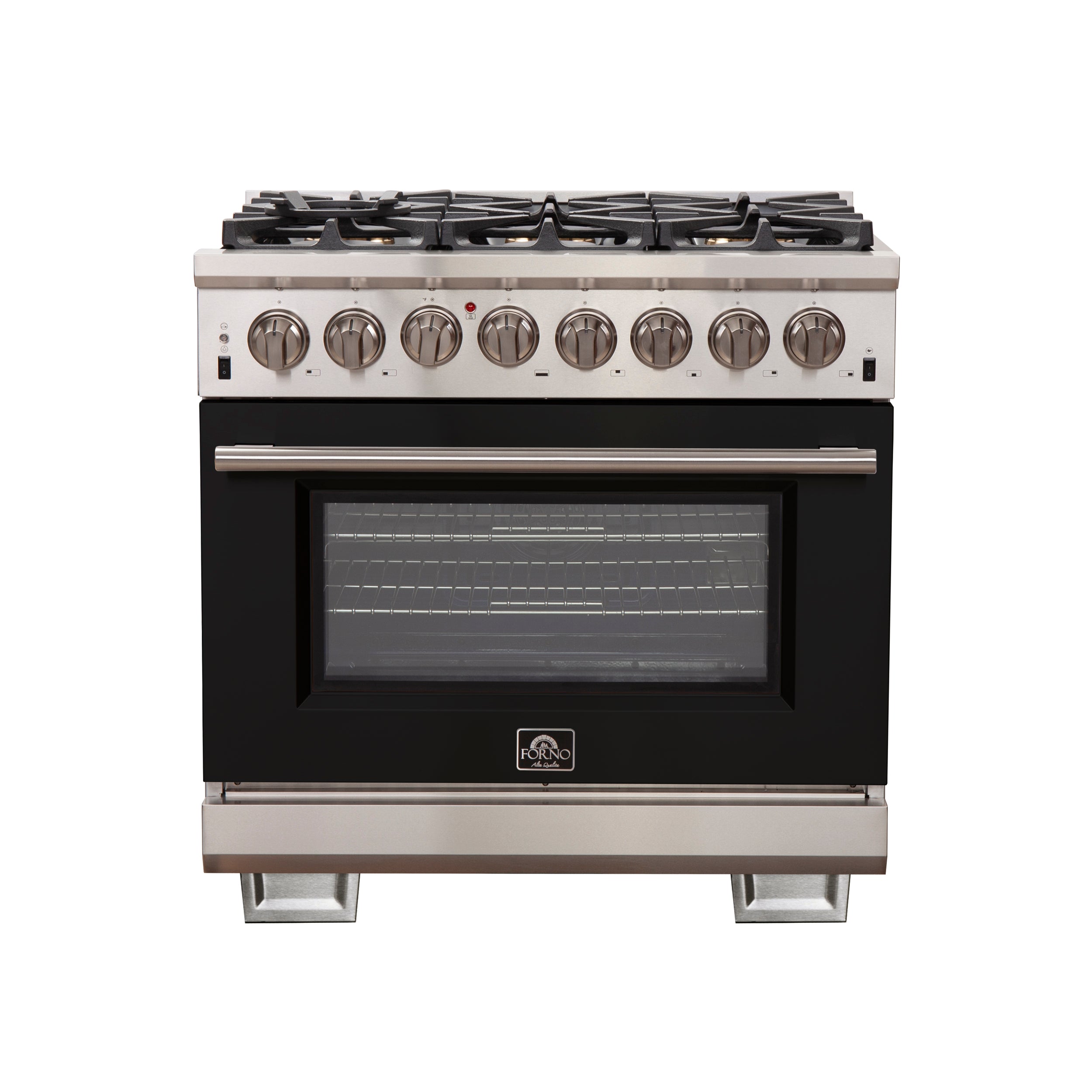 Forno Capriasca 36-Inch Freestanding Dual Fuel Range, 6 Burners, True Convection Oven, Black Door - BonPrix Électroménagers