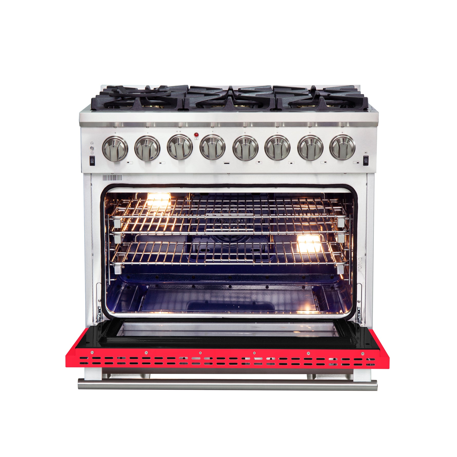 Forno Capriasca 36-Inch Freestanding Dual Fuel Range, 6 Burners, True Convection Oven, Red Door - BonPrix Électroménagers