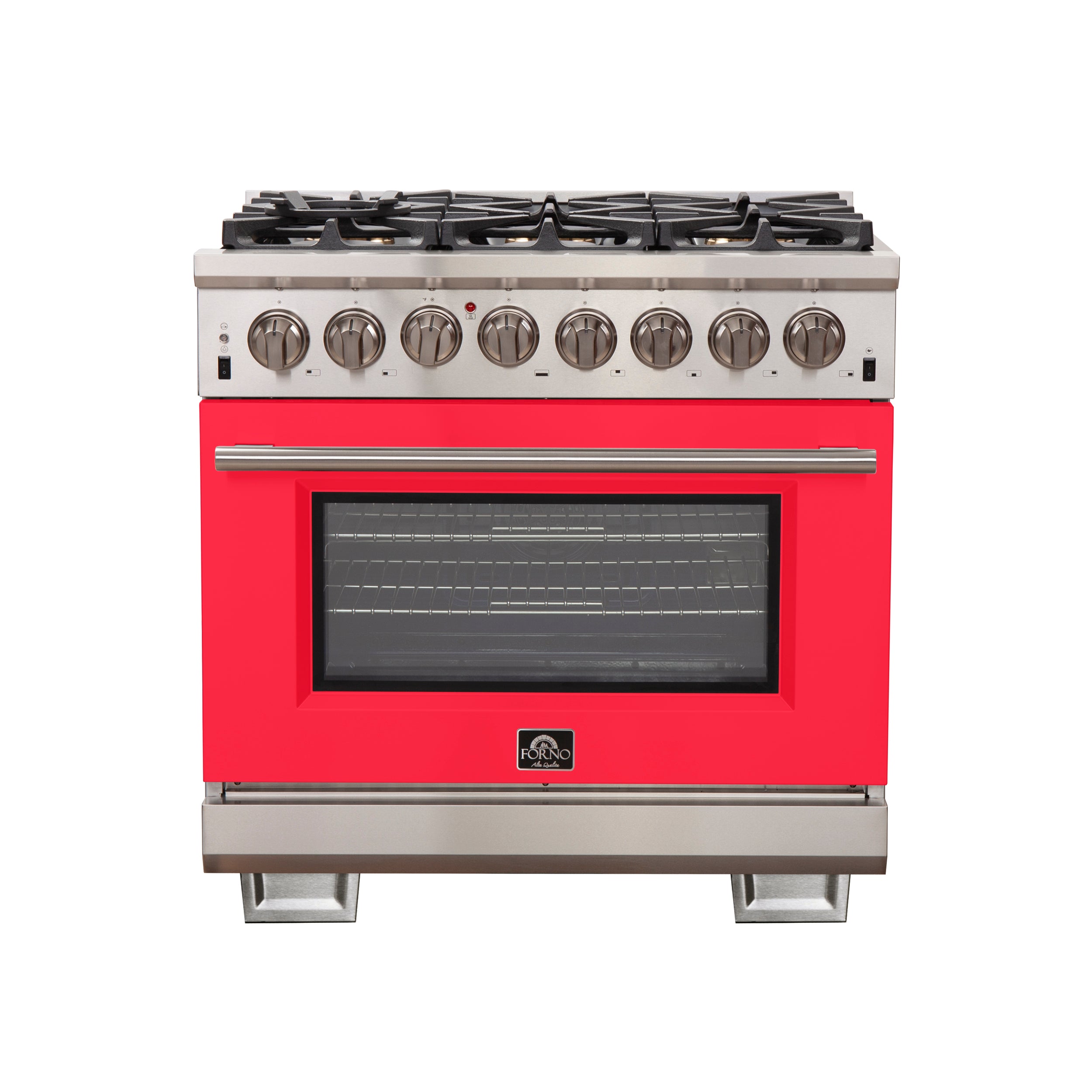 Forno Capriasca 36-Inch Freestanding Dual Fuel Range, 6 Burners, True Convection Oven, Red Door - BonPrix Électroménagers