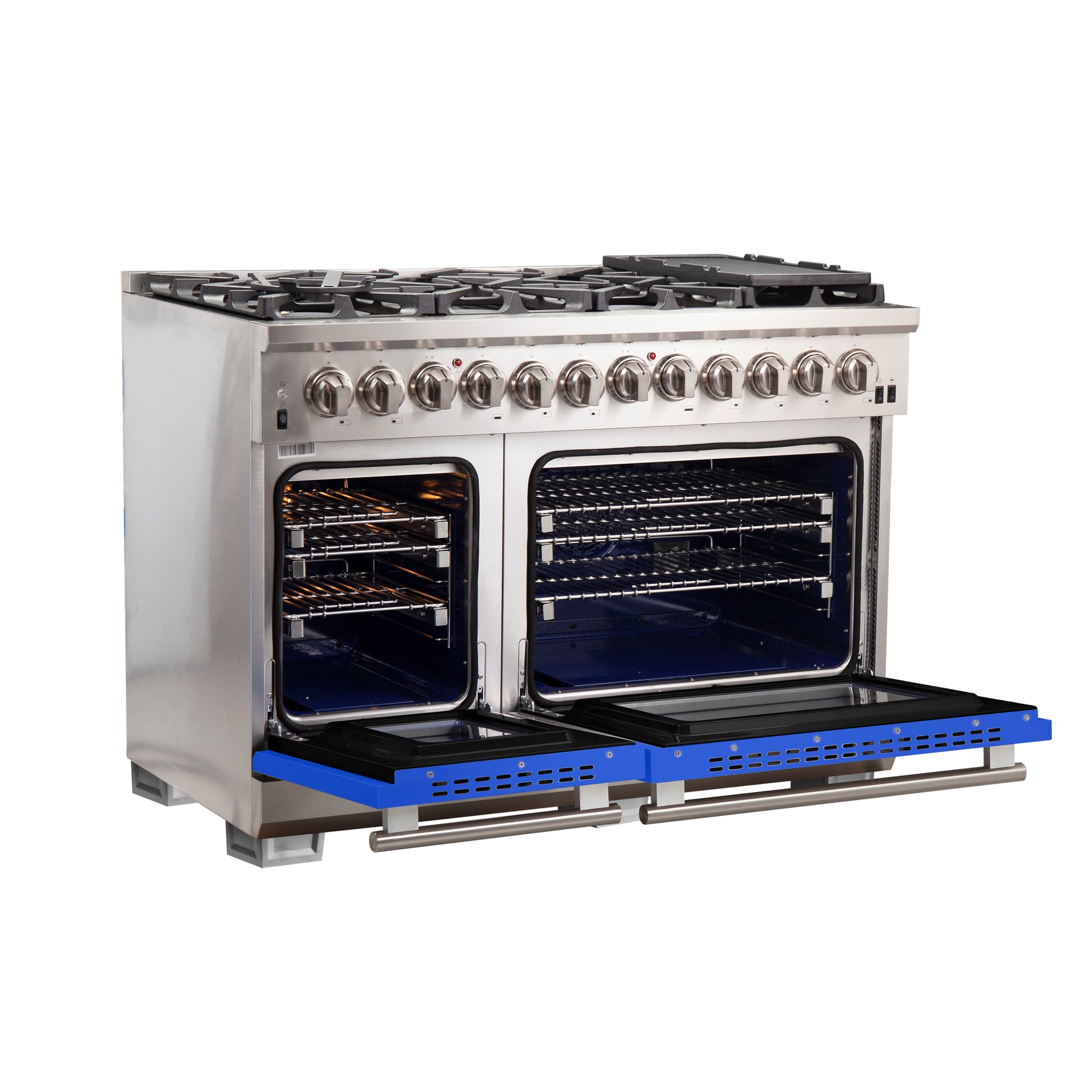 Forno Capriasca 48-Inch Freestanding Dual Fuel Range, 8 Burners, True Convection Oven, Blue Doors - BonPrix Électroménagers