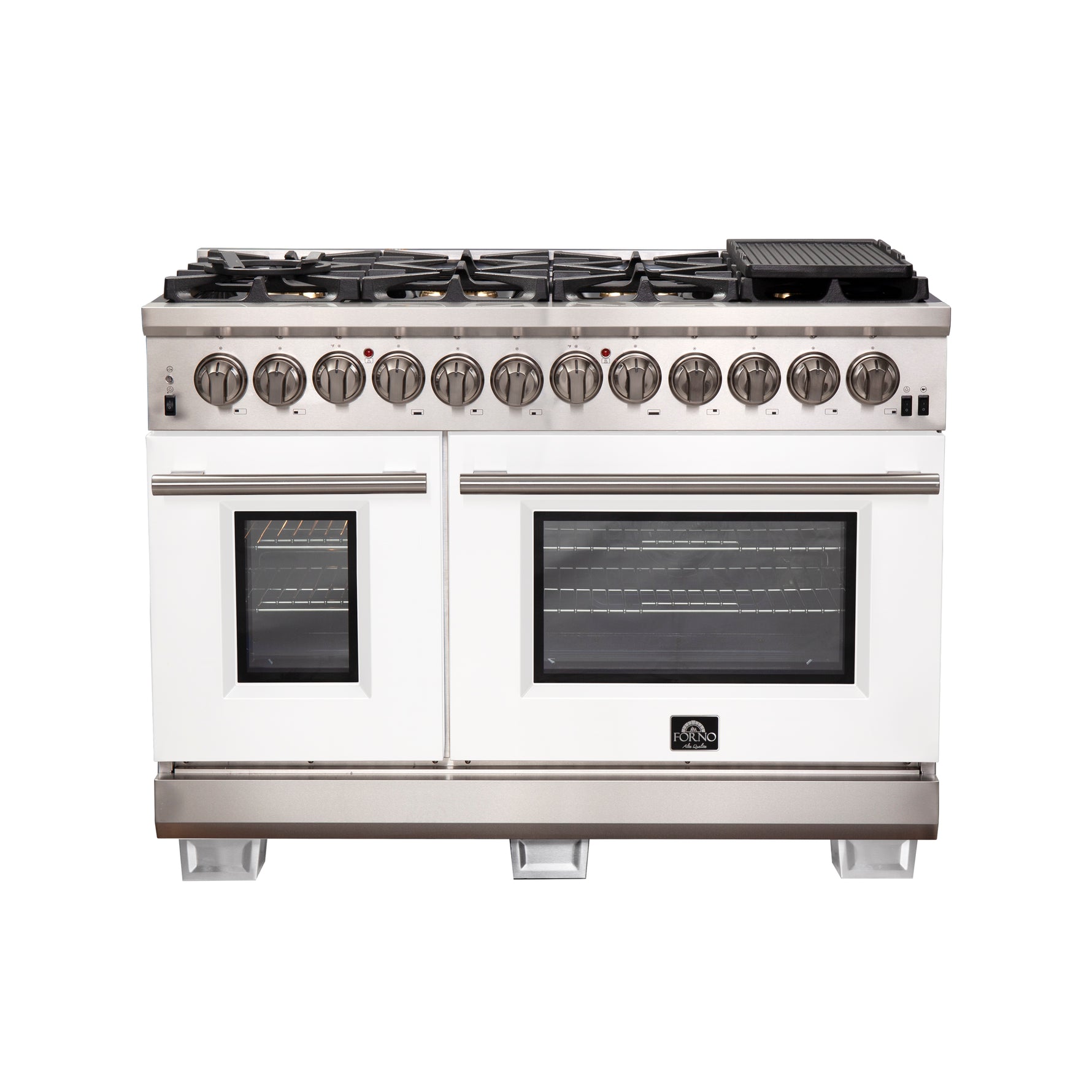 Forno Capriasca 48-Inch Freestanding Dual Fuel Range, 8 Burners, True Convection Oven, White Doors - BonPrix Électroménagers