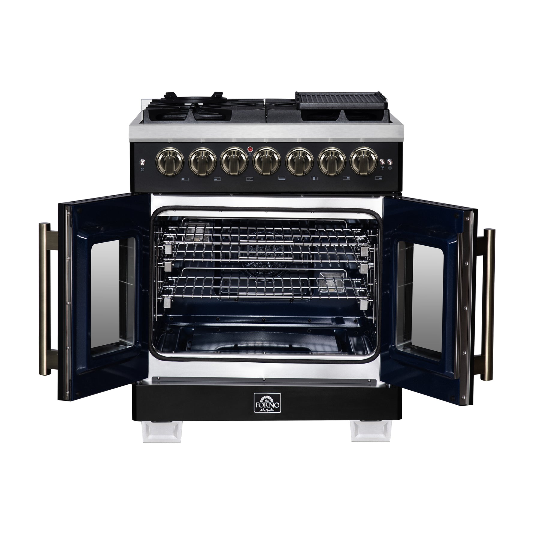 Forno Capriasca 30-Inch Freestanding French Door Dual Fuel Range in Black with Antique Brass Accessories, 5 Burners, True Convection Oven - BonPrix Électroménagers