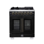 Forno Capriasca 30-Inch Freestanding French Door Dual Fuel Range in Black with Antique Brass Accessories, 5 Burners, True Convection Oven - BonPrix Électroménagers