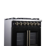 Forno Capriasca 30-Inch Freestanding French Door Dual Fuel Range in Black with Antique Brass Accessories, 5 Burners, True Convection Oven - BonPrix Électroménagers