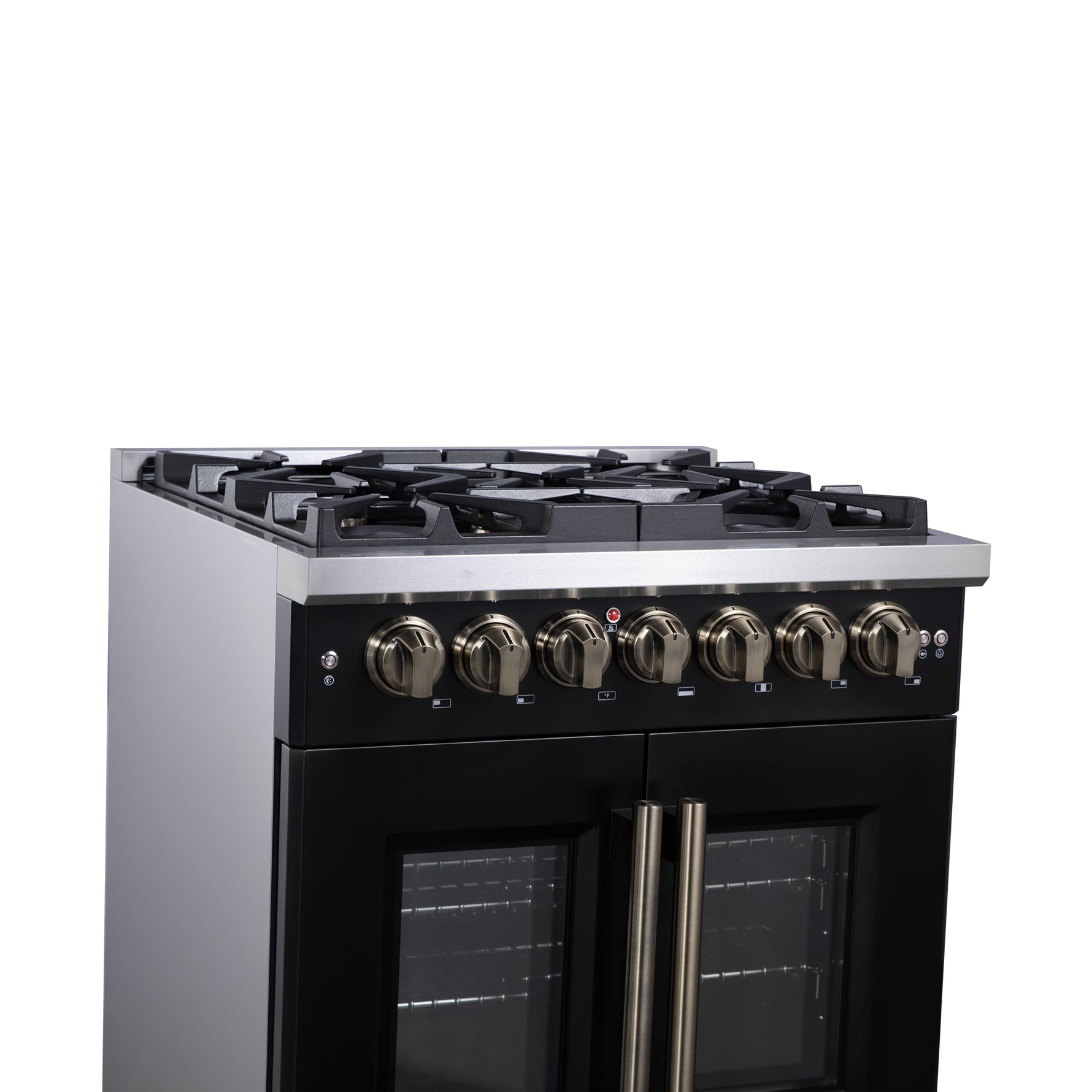 Forno Capriasca 30-Inch Freestanding French Door Dual Fuel Range in Black with Antique Brass Accessories, 5 Burners, True Convection Oven - BonPrix Électroménagers