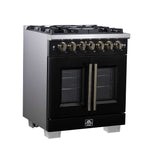 Forno Capriasca 30-Inch Freestanding French Door Dual Fuel Range in Black with Antique Brass Accessories, 5 Burners, True Convection Oven - BonPrix Électroménagers