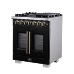 Forno Capriasca 30-Inch Freestanding French Door Dual Fuel Range in Black with Antique Brass Accessories, 5 Burners, True Convection Oven - BonPrix Électroménagers