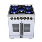 Forno Capriasca 30-Inch Freestanding French Door Dual Fuel Range in White with Antique Brass Accessories, 5 Burners, True Convection Oven - BonPrix Électroménagers