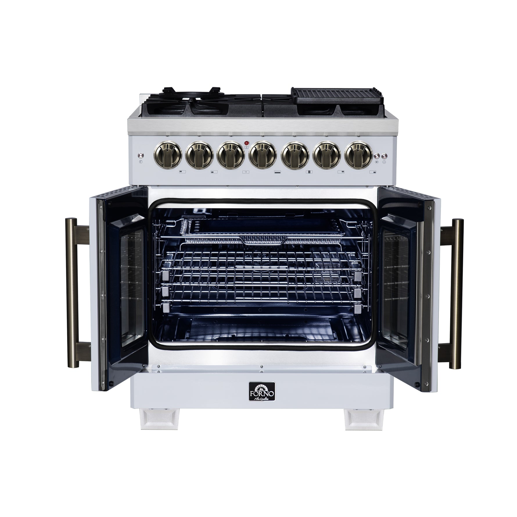 Forno Capriasca 30-Inch Freestanding French Door Dual Fuel Range in White with Antique Brass Accessories, 5 Burners, True Convection Oven - BonPrix Électroménagers