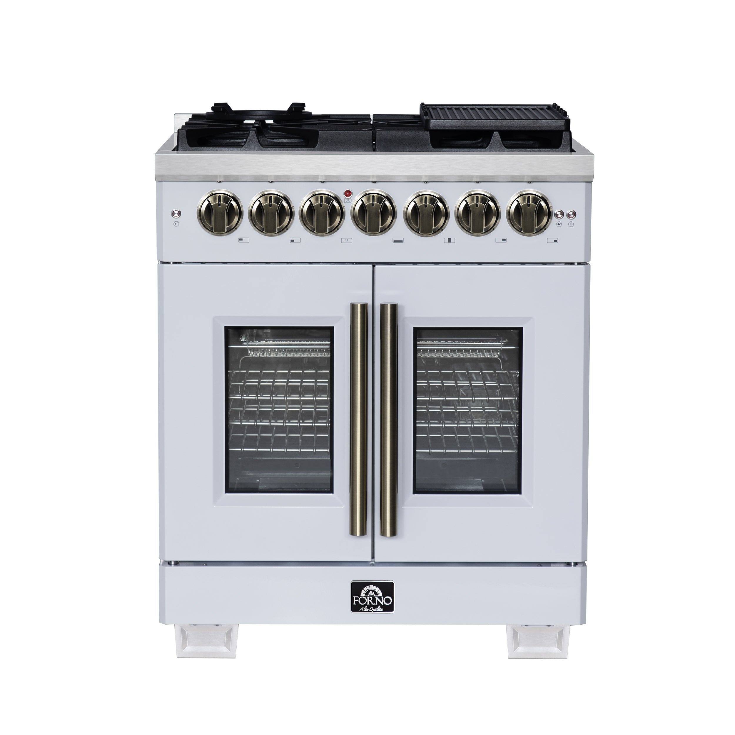 Forno Capriasca 30-Inch Freestanding French Door Dual Fuel Range in White with Antique Brass Accessories, 5 Burners, True Convection Oven - BonPrix Électroménagers