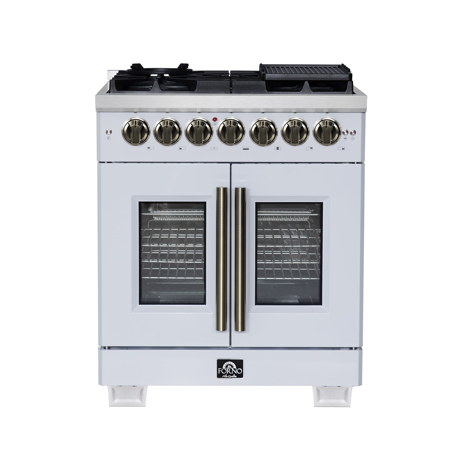 Forno Capriasca 30-Inch Freestanding French Door Dual Fuel Range in White with Antique Brass Accessories, 5 Burners, True Convection Oven - BonPrix Électroménagers