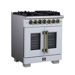 Forno Capriasca 30-Inch Freestanding French Door Dual Fuel Range in White with Antique Brass Accessories, 5 Burners, True Convection Oven - BonPrix Électroménagers