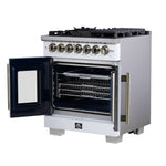 Forno Capriasca 30-Inch Freestanding French Door Dual Fuel Range in White with Antique Brass Accessories, 5 Burners, True Convection Oven - BonPrix Électroménagers