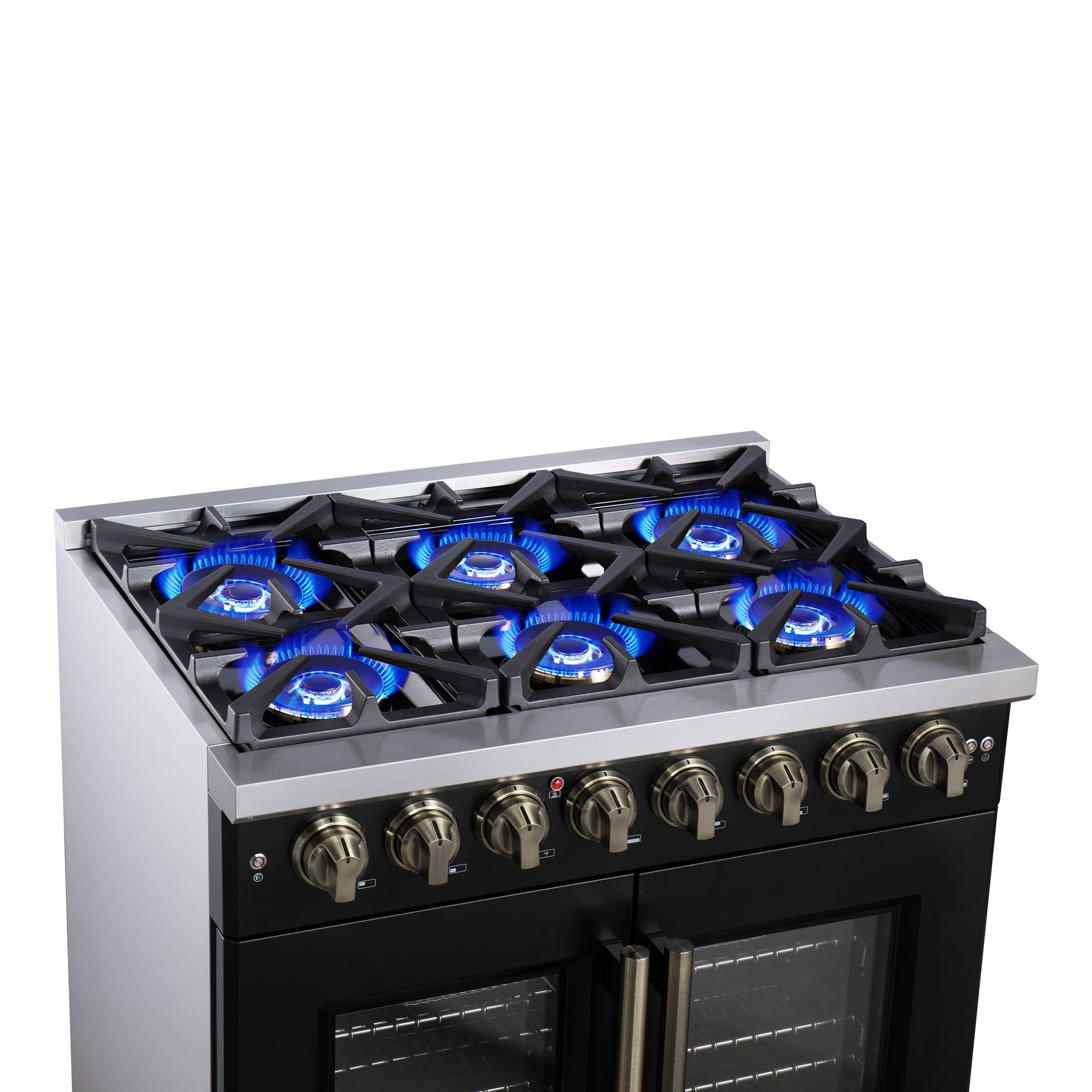 Forno Capriasca 36 Inch Freestanding French Door Dual Fuel Range in Black with Antique Brass Accessories, 6 Burners, True Convection Oven - BonPrix Électroménagers