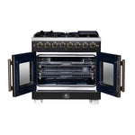 Forno Capriasca 36 Inch Freestanding French Door Dual Fuel Range in Black with Antique Brass Accessories, 6 Burners, True Convection Oven - BonPrix Électroménagers