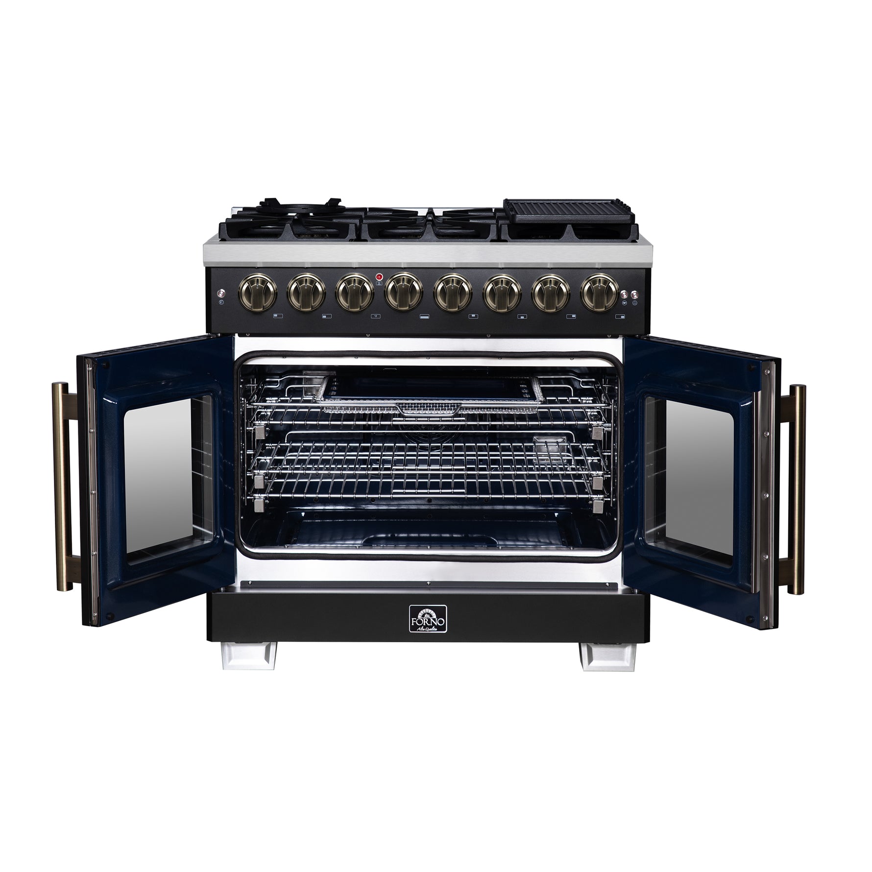 Forno Capriasca 36 Inch Freestanding French Door Dual Fuel Range in Black with Antique Brass Accessories, 6 Burners, True Convection Oven - BonPrix Électroménagers