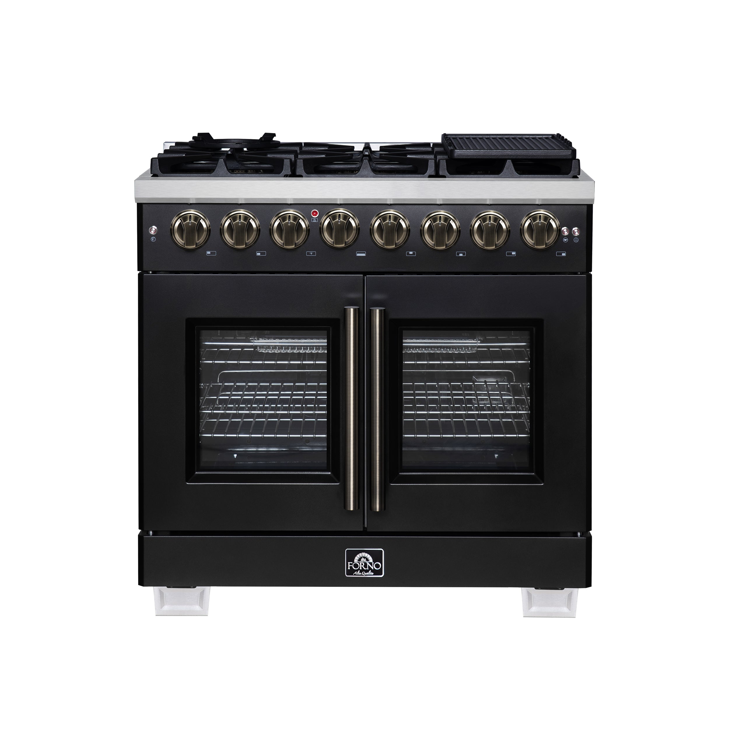 Forno Capriasca 36 Inch Freestanding French Door Dual Fuel Range in Black with Antique Brass Accessories, 6 Burners, True Convection Oven - BonPrix Électroménagers
