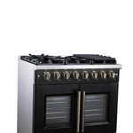 Forno Capriasca 36 Inch Freestanding French Door Dual Fuel Range in Black with Antique Brass Accessories, 6 Burners, True Convection Oven - BonPrix Électroménagers