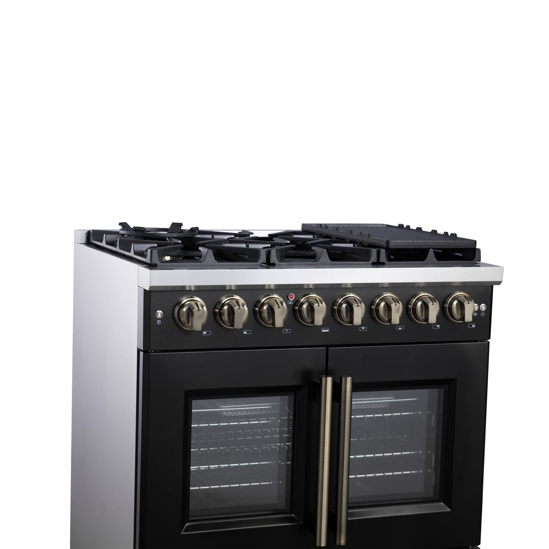 Forno Capriasca 36 Inch Freestanding French Door Dual Fuel Range in Black with Antique Brass Accessories, 6 Burners, True Convection Oven - BonPrix Électroménagers
