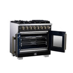 Forno Capriasca 36 Inch Freestanding French Door Dual Fuel Range in Black with Antique Brass Accessories, 6 Burners, True Convection Oven - BonPrix Électroménagers