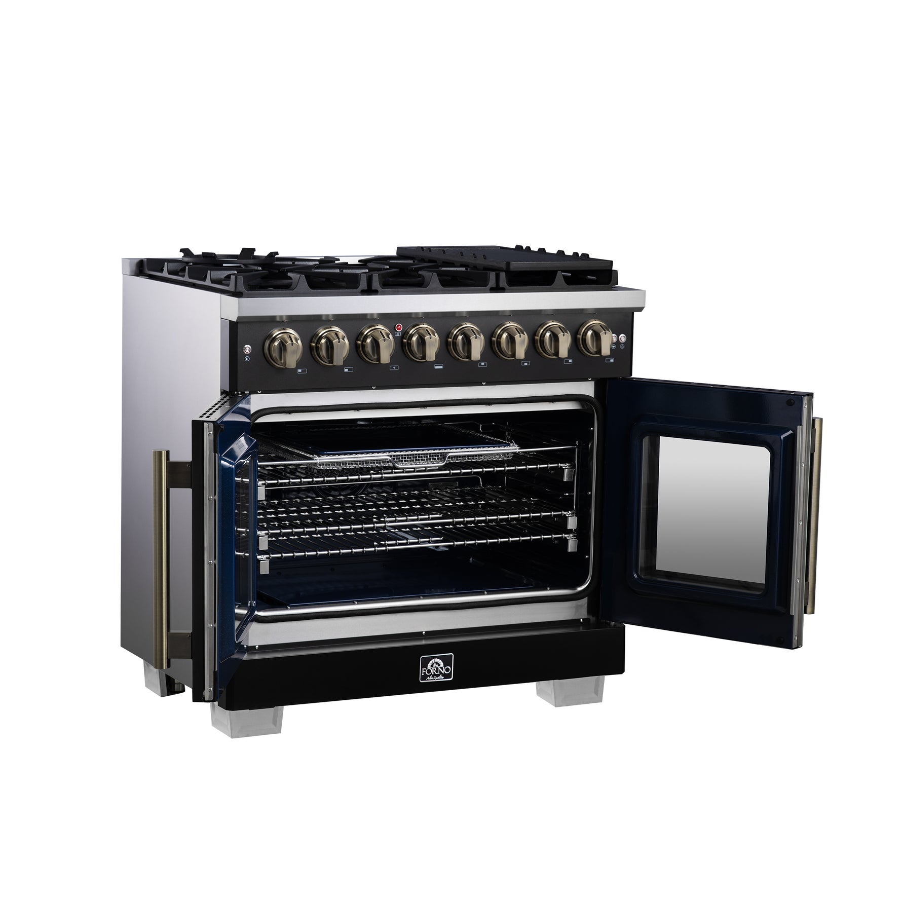 Forno Capriasca 36 Inch Freestanding French Door Dual Fuel Range in Black with Antique Brass Accessories, 6 Burners, True Convection Oven - BonPrix Électroménagers
