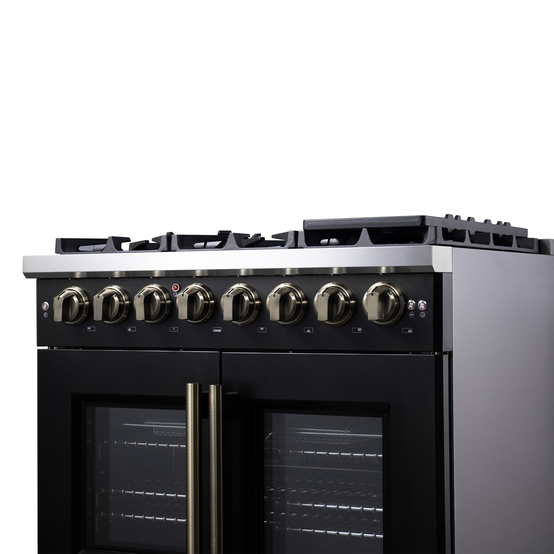 Forno Capriasca 36 Inch Freestanding French Door Dual Fuel Range in Black with Antique Brass Accessories, 6 Burners, True Convection Oven - BonPrix Électroménagers