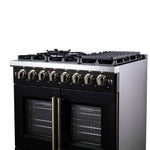 Forno Capriasca 36 Inch Freestanding French Door Dual Fuel Range in Black with Antique Brass Accessories, 6 Burners, True Convection Oven - BonPrix Électroménagers