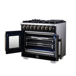 Forno Capriasca 36 Inch Freestanding French Door Dual Fuel Range in Black with Antique Brass Accessories, 6 Burners, True Convection Oven - BonPrix Électroménagers