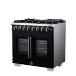 Forno Capriasca 36 Inch Freestanding French Door Dual Fuel Range in Black with Antique Brass Accessories, 6 Burners, True Convection Oven - BonPrix Électroménagers