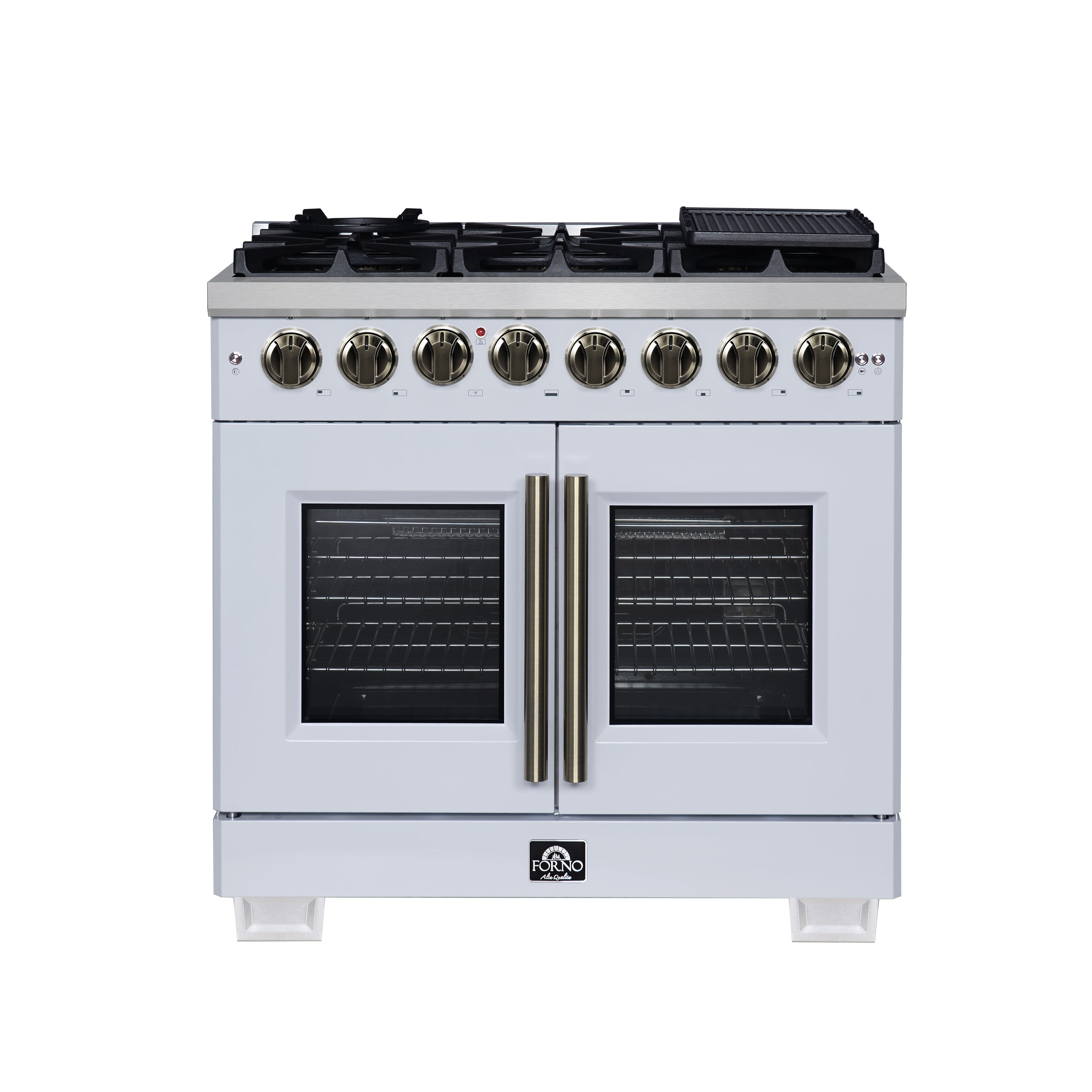Forno Capriasca 36 Inch Freestanding French Door Dual Fuel Range in White with Antique Brass Accessories, 6 Burners, True Convection Oven - BonPrix Électroménagers