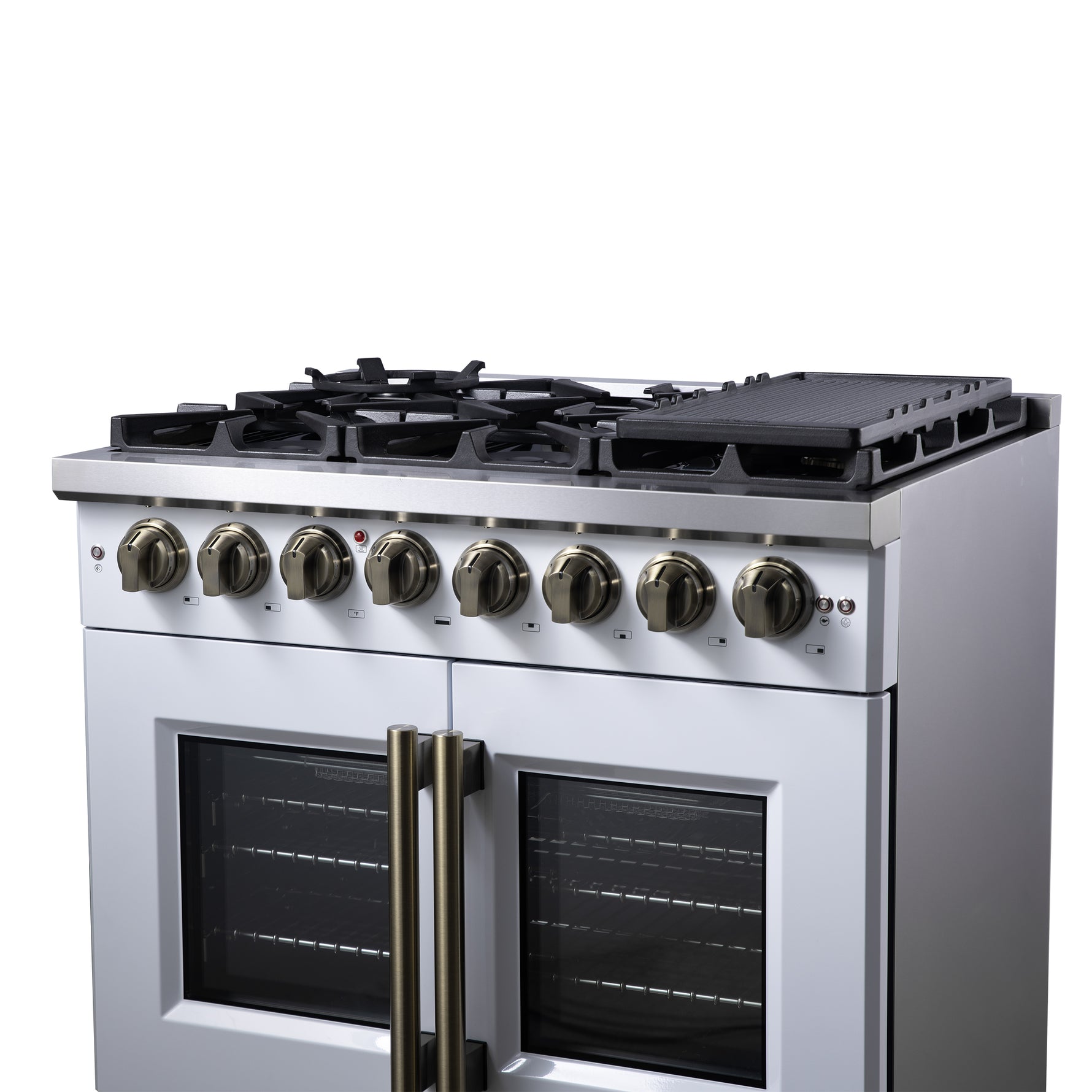 Forno Capriasca 36 Inch Freestanding French Door Dual Fuel Range in White with Antique Brass Accessories, 6 Burners, True Convection Oven - BonPrix Électroménagers