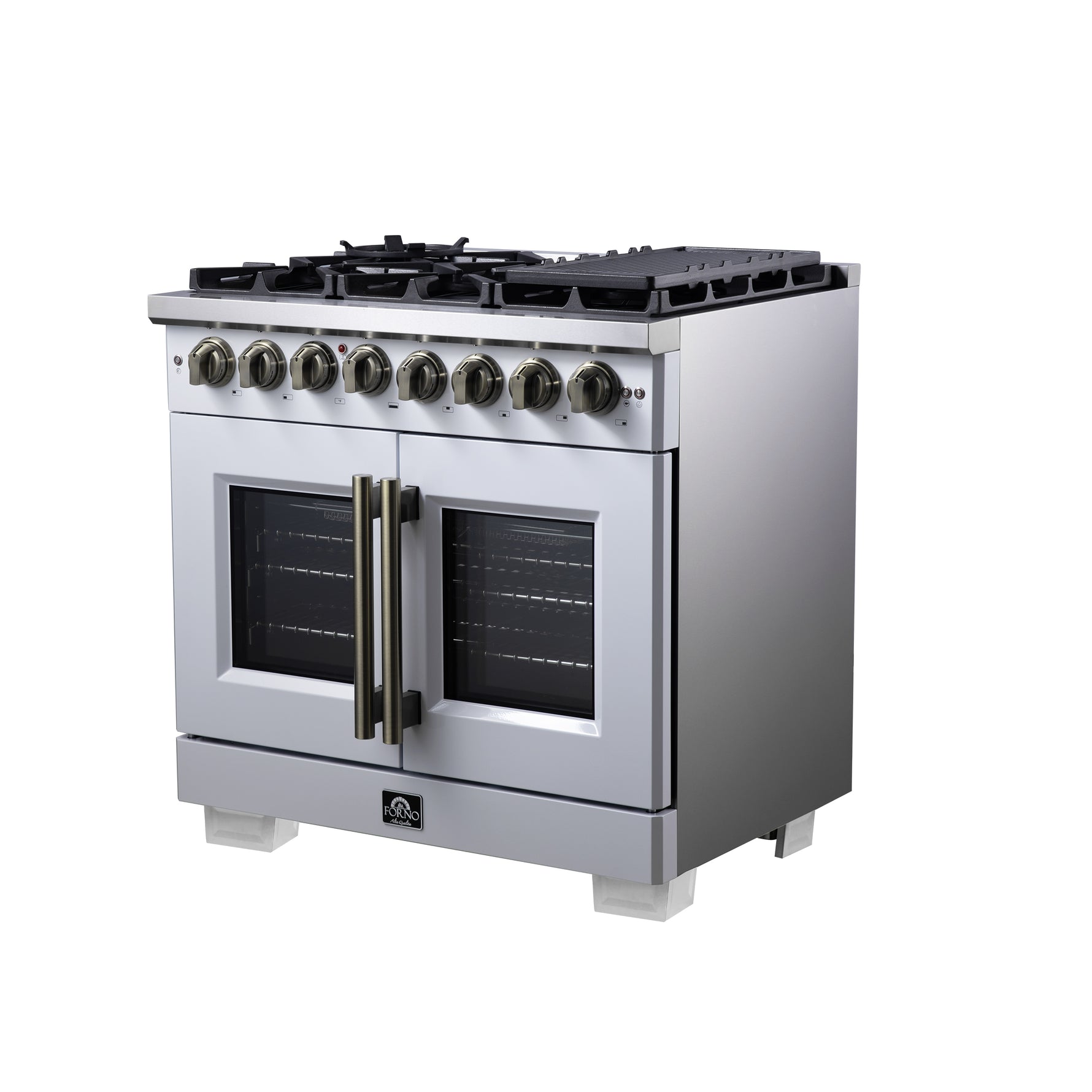 Forno Capriasca 36 Inch Freestanding French Door Dual Fuel Range in White with Antique Brass Accessories, 6 Burners, True Convection Oven - BonPrix Électroménagers
