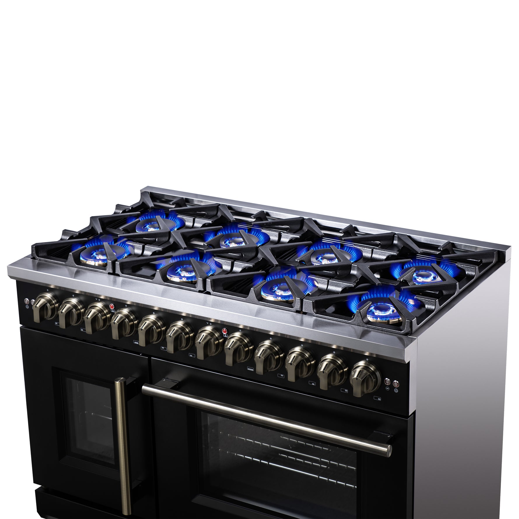 Forno Capriasca 48 Inch Freestanding French Door Dual Fuel Range in Black with Antique Brass Accessories, 8 Burners, True Convection Oven - BonPrix Électroménagers
