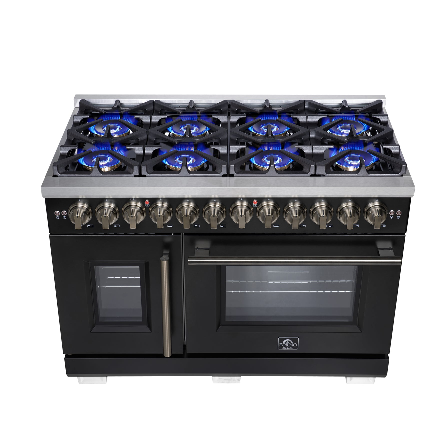 Forno Capriasca 48 Inch Freestanding French Door Dual Fuel Range in Black with Antique Brass Accessories, 8 Burners, True Convection Oven - BonPrix Électroménagers