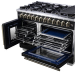 Forno Capriasca 48 Inch Freestanding French Door Dual Fuel Range in Black with Antique Brass Accessories, 8 Burners, True Convection Oven - BonPrix Électroménagers