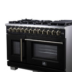 Forno Capriasca 48 Inch Freestanding French Door Dual Fuel Range in Black with Antique Brass Accessories, 8 Burners, True Convection Oven - BonPrix Électroménagers