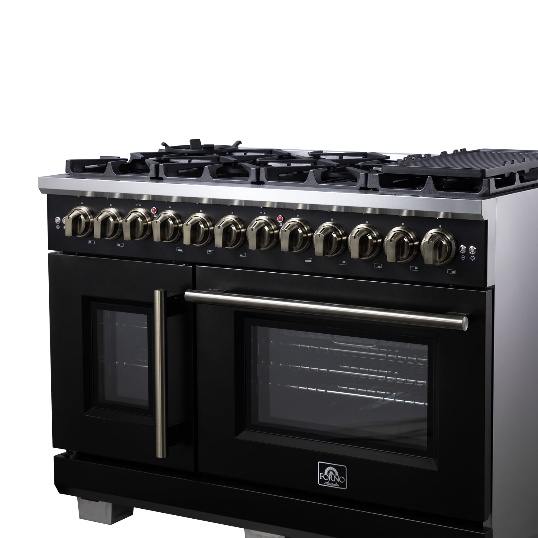 Forno Capriasca 48 Inch Freestanding French Door Dual Fuel Range in Black with Antique Brass Accessories, 8 Burners, True Convection Oven - BonPrix Électroménagers