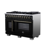 Forno Capriasca 48 Inch Freestanding French Door Dual Fuel Range in Black with Antique Brass Accessories, 8 Burners, True Convection Oven - BonPrix Électroménagers