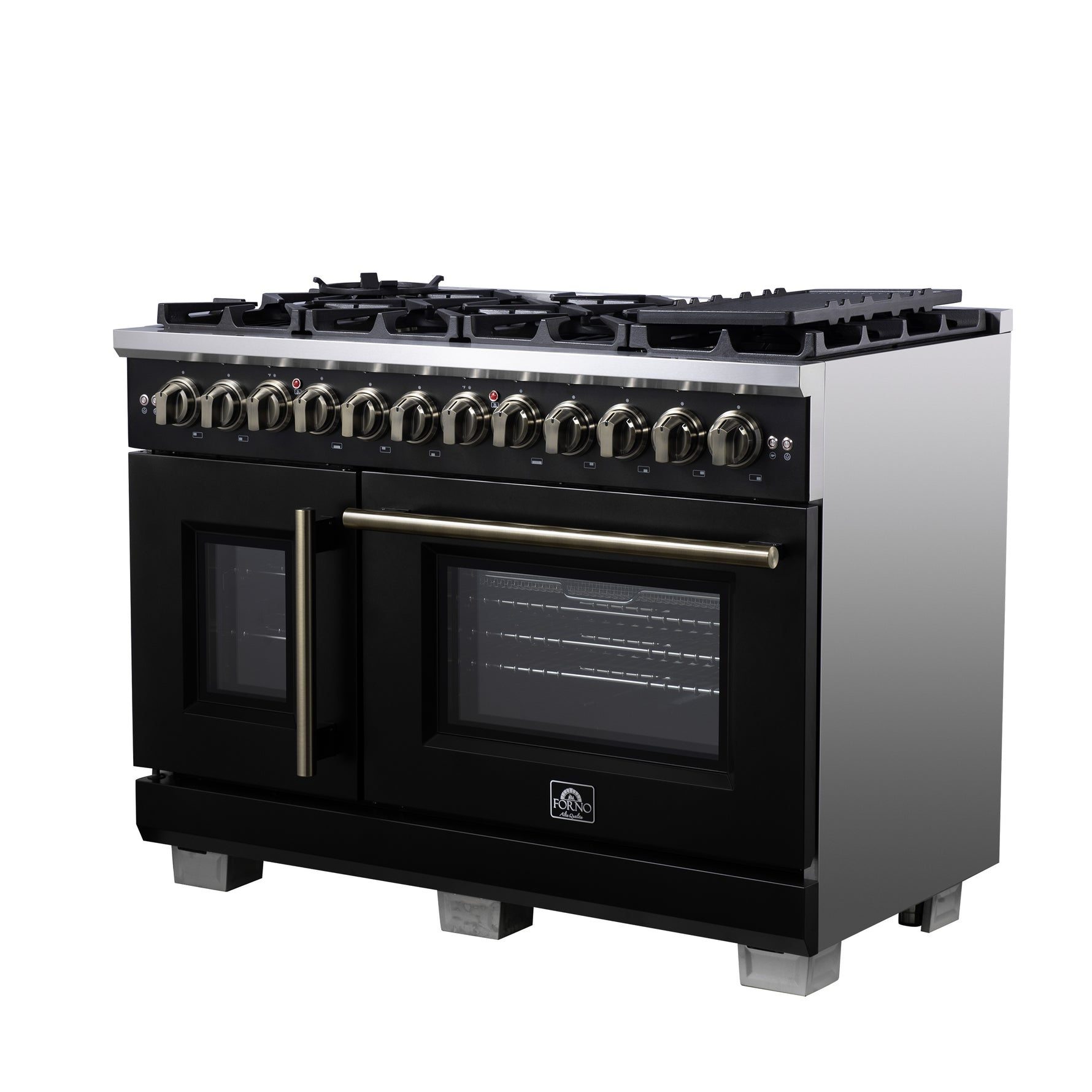 Forno Capriasca 48 Inch Freestanding French Door Dual Fuel Range in Black with Antique Brass Accessories, 8 Burners, True Convection Oven - BonPrix Électroménagers