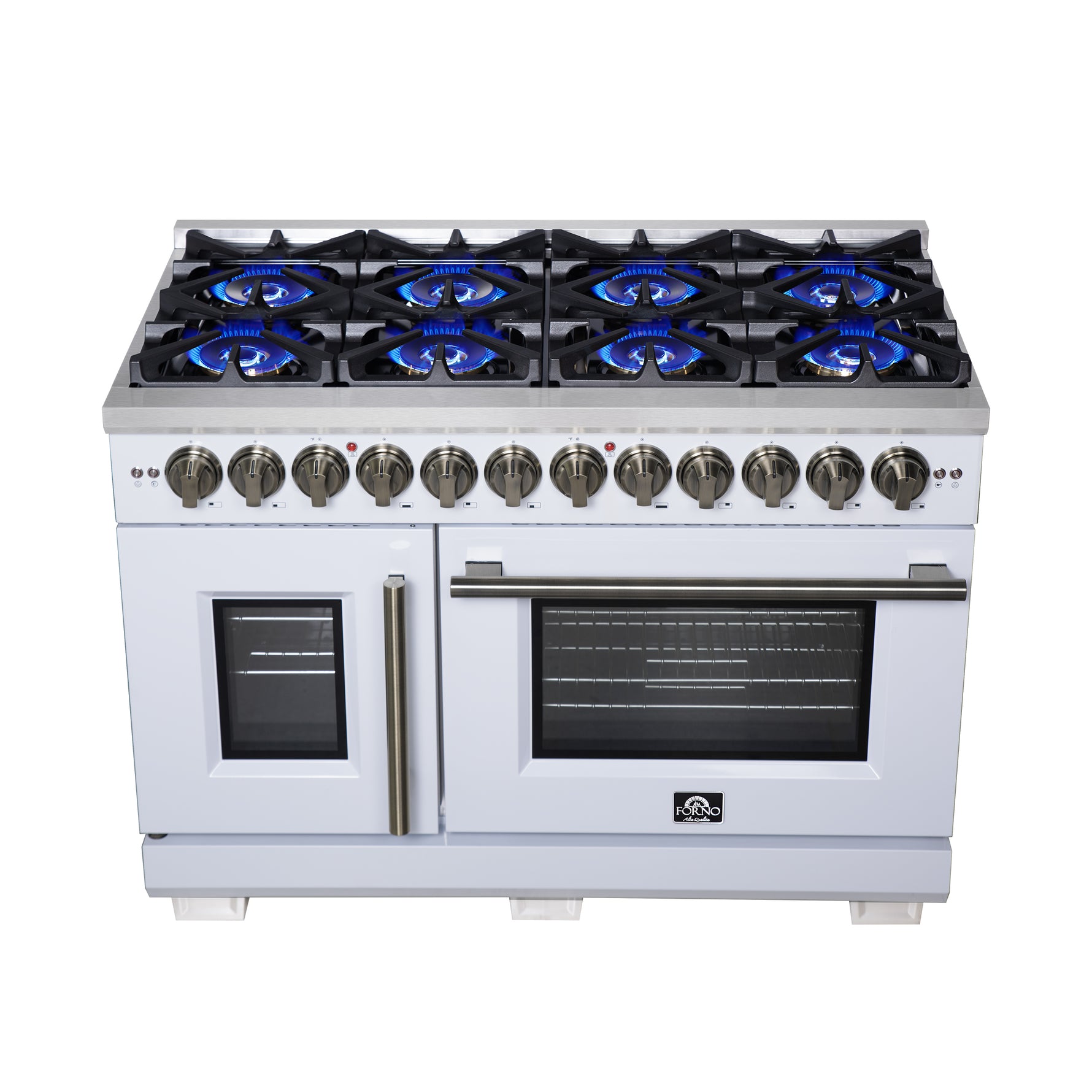 Forno Capriasca 48 Inch Freestanding French Door Dual Fuel Range in White with Antique Brass Accessories, 8 Burners, True Convection Oven - BonPrix Électroménagers