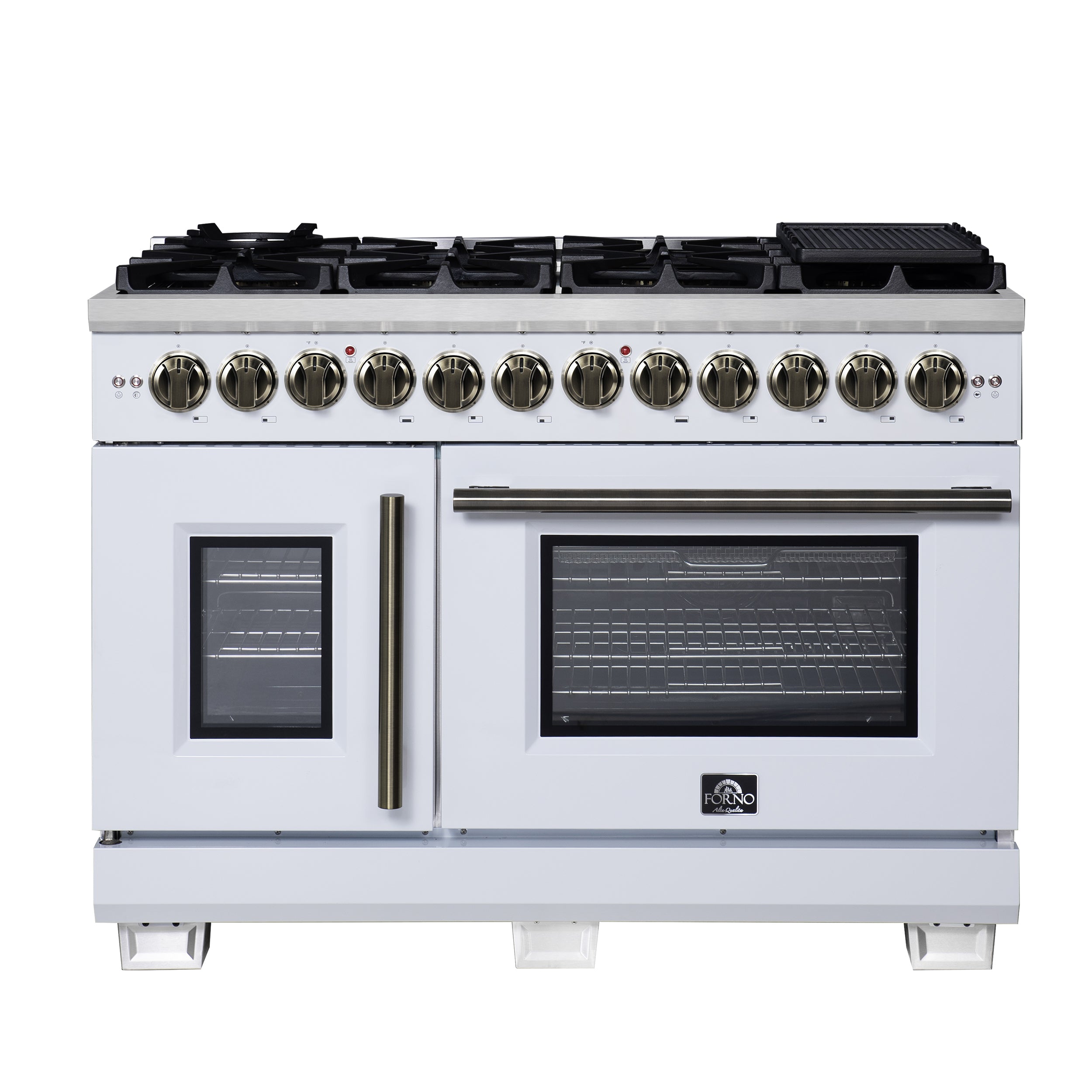 Forno Capriasca 48 Inch Freestanding French Door Dual Fuel Range in White with Antique Brass Accessories, 8 Burners, True Convection Oven - BonPrix Électroménagers