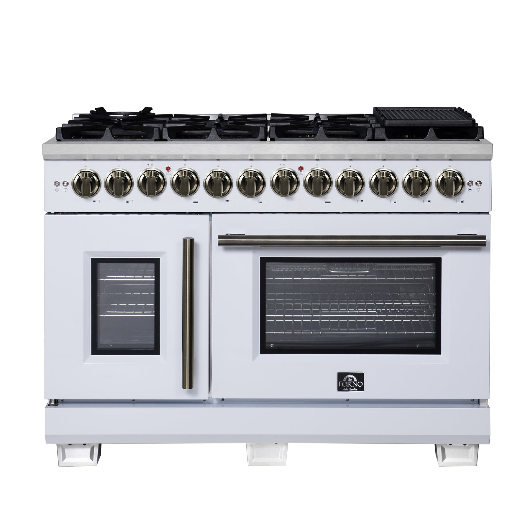 Forno Capriasca 48 Inch Freestanding French Door Dual Fuel Range in White with Antique Brass Accessories, 8 Burners, True Convection Oven - BonPrix Électroménagers