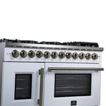 Forno Capriasca 48 Inch Freestanding French Door Dual Fuel Range in White with Antique Brass Accessories, 8 Burners, True Convection Oven - BonPrix Électroménagers