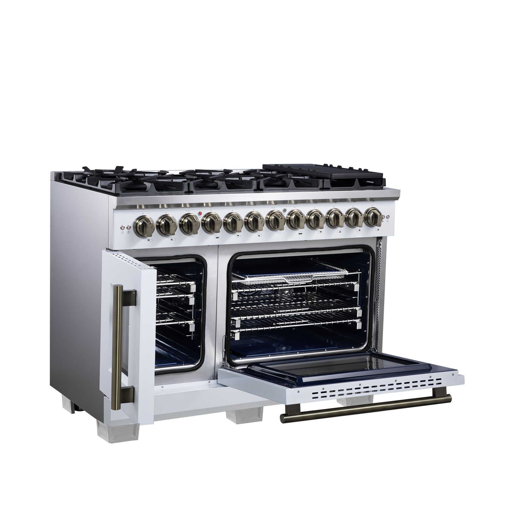 Forno Capriasca 48 Inch Freestanding French Door Dual Fuel Range in White with Antique Brass Accessories, 8 Burners, True Convection Oven - BonPrix Électroménagers
