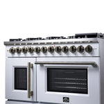 Forno Capriasca 48 Inch Freestanding French Door Dual Fuel Range in White with Antique Brass Accessories, 8 Burners, True Convection Oven - BonPrix Électroménagers