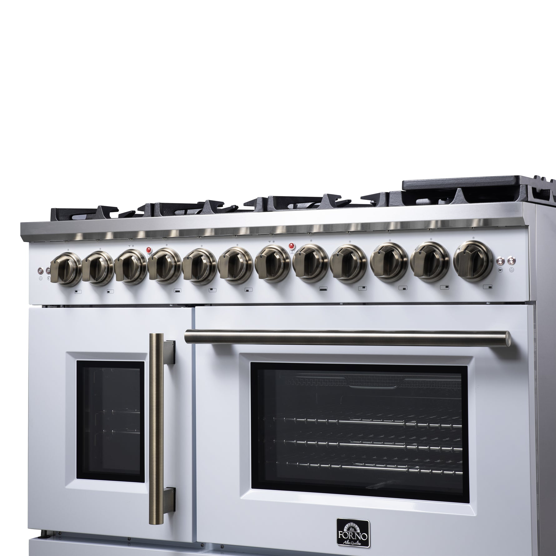Forno Capriasca 48 Inch Freestanding French Door Dual Fuel Range in White with Antique Brass Accessories, 8 Burners, True Convection Oven - BonPrix Électroménagers