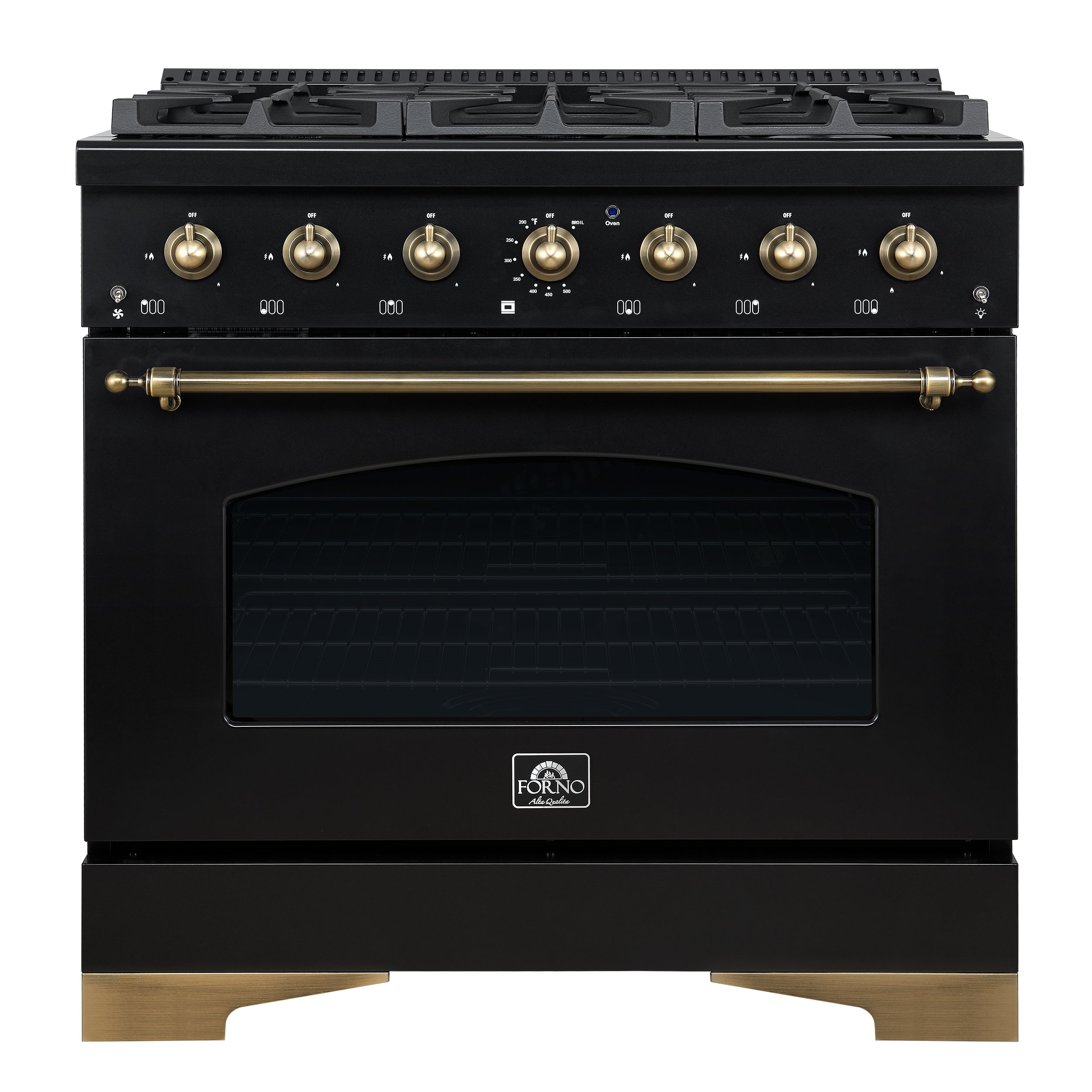 Forno Antico 36-inch Dual Fuel Range, Black and Antique Brass, 6 Burners, 4.5 cu.ft. Convection Oven - BonPrix Électroménagers